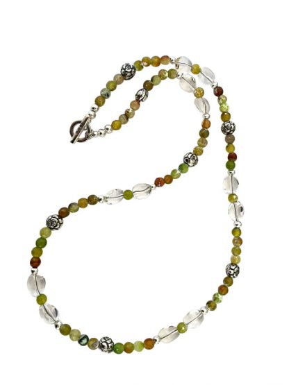 Silver, Crystal and Olive Agate Beads Necklace