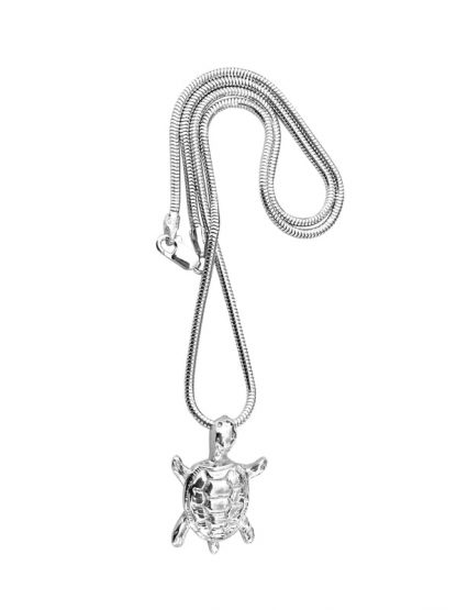 Fine silver turtle pendant on a sterling silver snake chain.