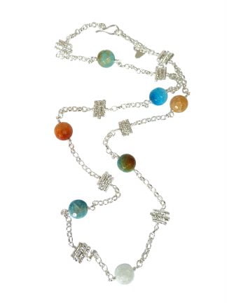 Necklace with Silver and Cyan Fire Agate Beads
